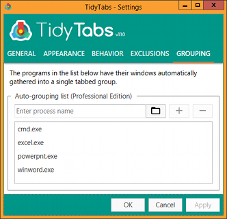 TidyTabs - Window auto-grouping - settings