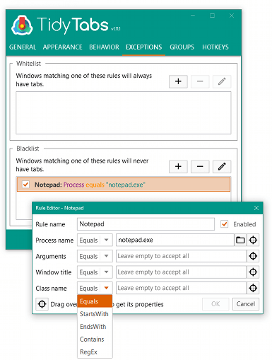 TidyTabs - Exceptions