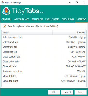 TidyTabs - Keyboard shortcuts